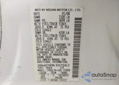 2009 Nissan Titan Se z USA, uszkodzony, nr VIN 1N6AA07D09N307062